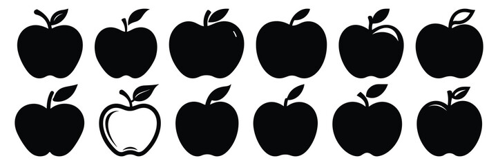 Apple fruit silhouettes set, large pack of vector silhouette design, isolated white background