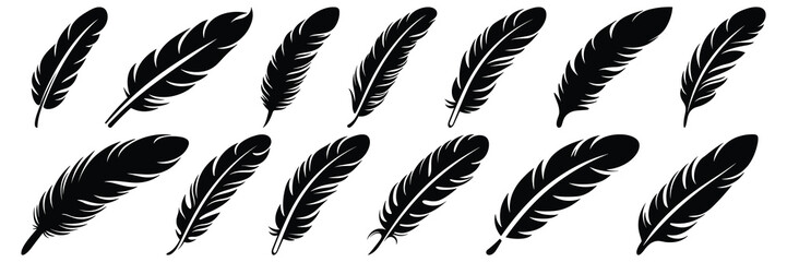 Quill feather silhouettes set, large pack of vector silhouette design, isolated white background