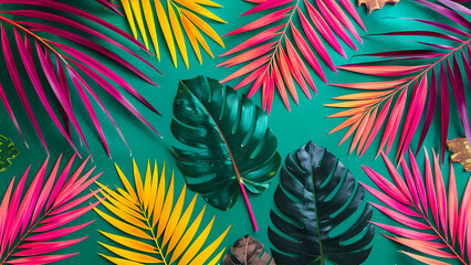 Fototapeta na wymiar a creative arrangement of tropical leaves in fluorescent colors, arranged against a contrasting background,showcasing the beauty and diversity of nature with a modern and artistic twist,generative ai