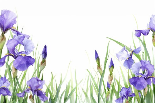 A field of purple irises with a white background