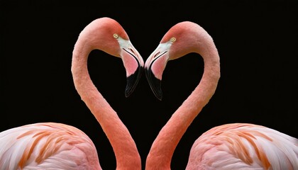Two pink flamingos forming heart shape with their necks on black background