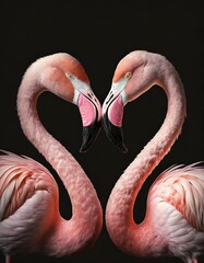 Naklejka premium Two pink flamingos forming heart shape with their necks on black background