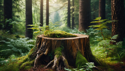 Tree stump with green moss in the forest. Natural autumn background.