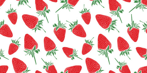 Seamless pattern of drawn red ripe juicy strawberry berries, vector background for paper,textile
