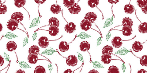 Seamless pattern of drawn ripe red cherries berries with green leaves, vector background for textile, wallpaper