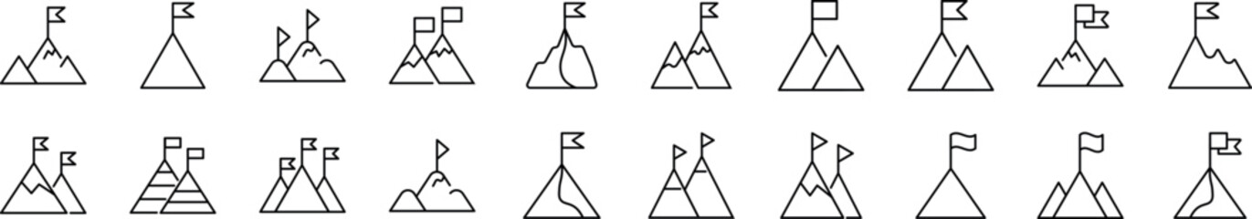 Pack of linear symbols of mountain with flag on top. Editable stroke. Linear symbol for web sites, newspapers, articles book