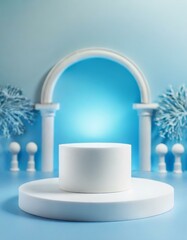 White round cylinder platform pedestal podium with decorated light blue color background