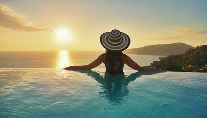 Woman on summer vacation holiday relaxing in infinity swimming pool with blue sea sunset  - obrazy, fototapety, plakaty