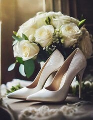 Wedding background. White elegant high heel wedding bridal shoes and beautiful white roses flower bouquet 