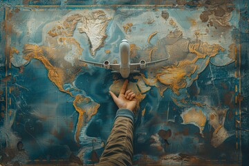 Person holding model airplane in front of world map, blending art and geography