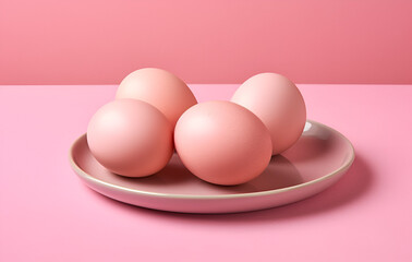 Pink eggs on a plate on the pink background