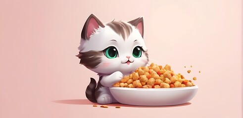 isolated soft background with copy space, illustration kitty with food concept