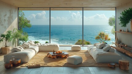 Coastal house with ocean view, perfect for leisure and travel enthusiasts - obrazy, fototapety, plakaty