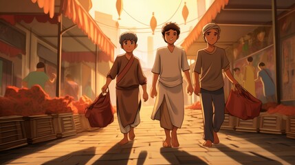 Fototapeta na wymiar Three People Walking Down a Cartoon Street