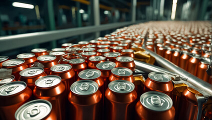 iron cans with drinks on a conveyor belt