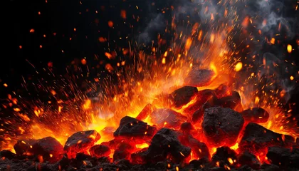 Rolgordijnen Hot orange flame. Fire embers particles over black background. Burning black coals © hardvicore
