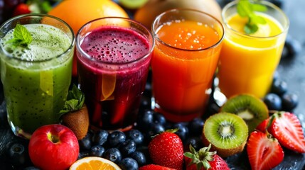 Healthy fresh fruits juice, drink. Vitamins, fitness drink, health food. - obrazy, fototapety, plakaty