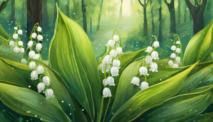 Acrylic painting of beautiful lily of valley. Blooming flowers. Spring season.