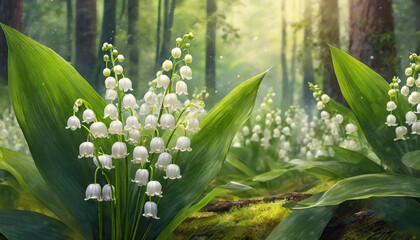 Beautiful lily of valley. Blooming flowers. Spring season. Natural floral background.