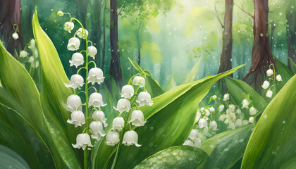 Obraz premium Acrylic painting of beautiful lily of valley. Blooming flowers. Spring season.