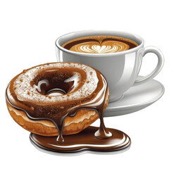 Illustration of a Steaming Cup of Coffee with Latte Art Beside a Chocolate Glazed Doughnut