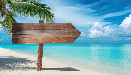 Wooden signboard on a tropical beach. Copy space for text 