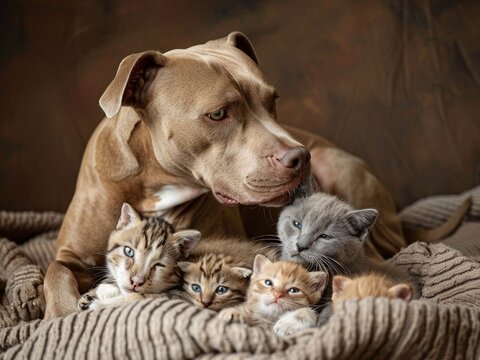 Stunning high resolution photo of a light brown American Pit Bull Terrier and small kittens.