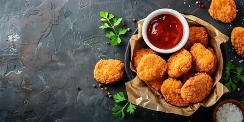 Delicious crispy fried breaded nuggets with ketchup on black plate. Dark background