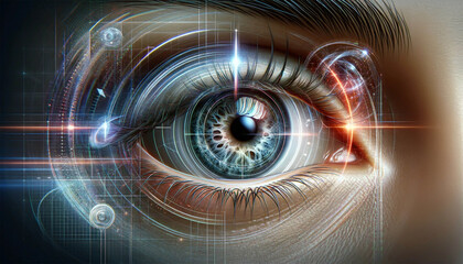 Close-up of a human eye, with virtual hologram elements surrounding the iris. These elements symbolize the advanced digital ID verification process, demonstrating futuristic technology in action.