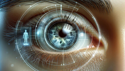 Close-up of a human eye, with virtual hologram elements surrounding the iris. These elements symbolize the advanced digital ID verification process, demonstrating futuristic technology in action.