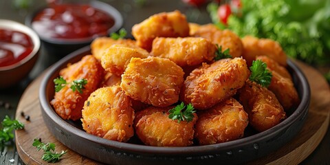 Fototapeta premium Delicious crispy fried breaded nuggets with ketchup on black plate. Dark background