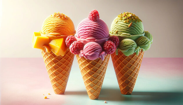 An image of waffle cones, each filled with a different exotic ice cream flavor - mango, raspberry and pistachio. The cones sit neatly on a bright, pastel-colored surface, allowing the texture and colo