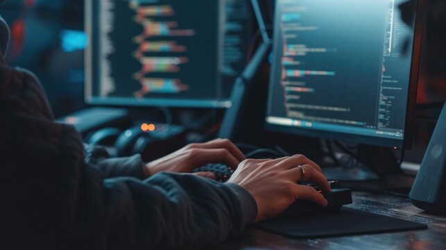 Close-up of a programmer's hands typing on a backlit keyboard, with lines of code displayed across multiple computer screens. AIG41