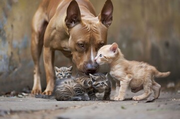 Stunning high resolution photo of a light brown American Pit Bull Terrier and small kittens.