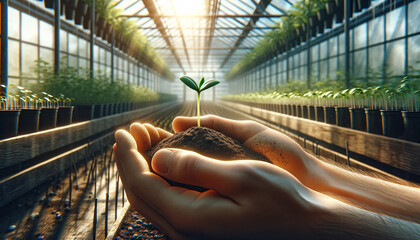 New spring, young plandt in a hands on green house background. Plant . in the greenhouse seedling nursery. - 749612009