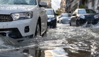 Fototapeta na wymiar Urban Flooding After Heavy Storm Severe Weather's Devastating Impact on City Streets, Cars, and Infrastructure. Flooded cars on the street of the city