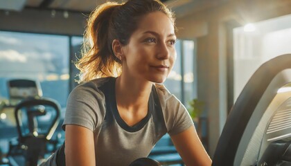 Woman on stationary exercise bike, focused on maintaining a healthy lifestyle and improving her physical fitness by engaging in cardiovascular workouts at home or in the gym - obrazy, fototapety, plakaty