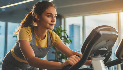 Fototapeta premium Woman on stationary exercise bike, focused on maintaining a healthy lifestyle and improving her physical fitness by engaging in cardiovascular workouts at home or in the gym