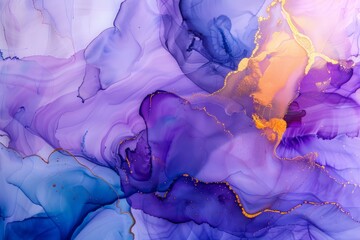 The image is a colorful abstract painting with purple and gold tones - obrazy, fototapety, plakaty