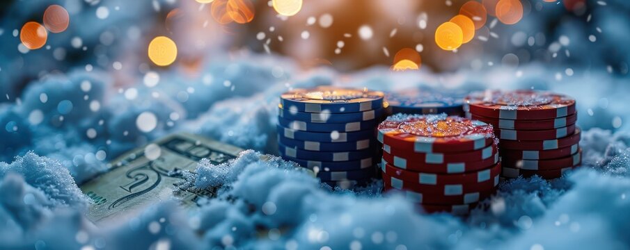 Casino chips and bills in a minimalist winter wonderland snuggled together under a blanket of soft sparkling snow