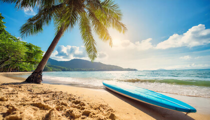 Surfboard on the beach. Tropical island with palm trees. Vacation and relaxation. Summer time.