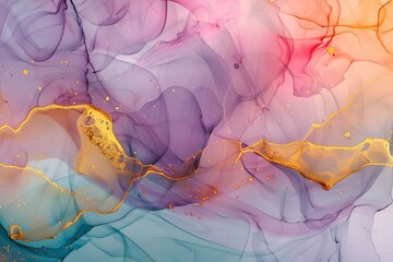 A colorful, abstract painting with a purple and gold background
