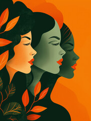 Fototapeta na wymiar An orange and dark green duotone image of three women for women's history celebrating women's history
