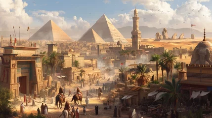 Papier Peint photo Vieil immeuble An ancient Egyptian city at the peak of its glory, with pyramids, Sphinx, and bustling markets. Resplendent.