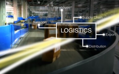 Logistics concept map in the background a fulfillment center with packages on a conveyor belt,...