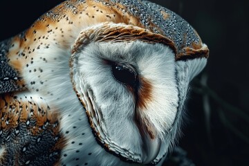 A close up of a brown and white owl with its head tilted to the side