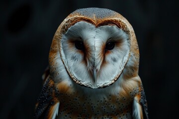 A large owl with a heart on its face is staring at the camera