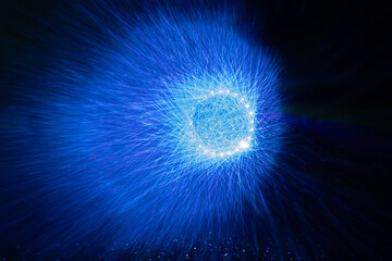 Laser projections with light blue rays. The play of cosmic rays and light