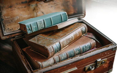 Vintage Suitcase Overflowing with Books for a Literary Escape Isolated on Transparent Background PNG.