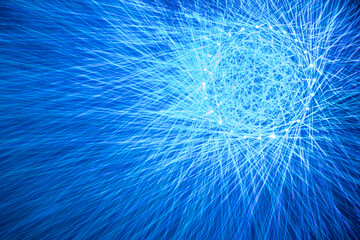 Laser projections with light blue rays. The play of cosmic rays and light